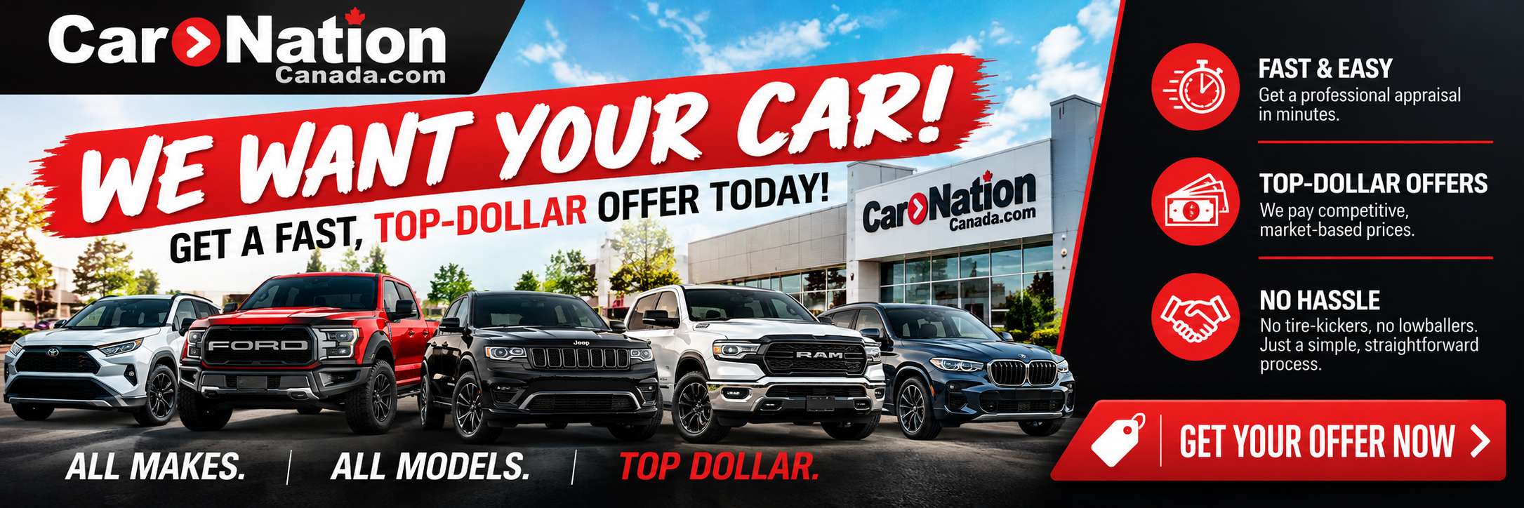 Want to sell your car in Ontario without the stress of a private sale?Skip the flaky online buyers, lowball offers, and endless messages. At Car Nation Canada, our network of dealerships across Southern Ontario is always looking for quality pre-owned vehicles—and we pay top dollar to get them.Because we represent multiple major automotive brands across the Golden Horseshoe and Niagara regions, we have a massive appetite for all makes and models. Whether you’re cashing out a heavy-duty pickup, upgrading your family SUV, or parting with a daily commuter, we’ll buy your car—even if you don’t buy one from us!