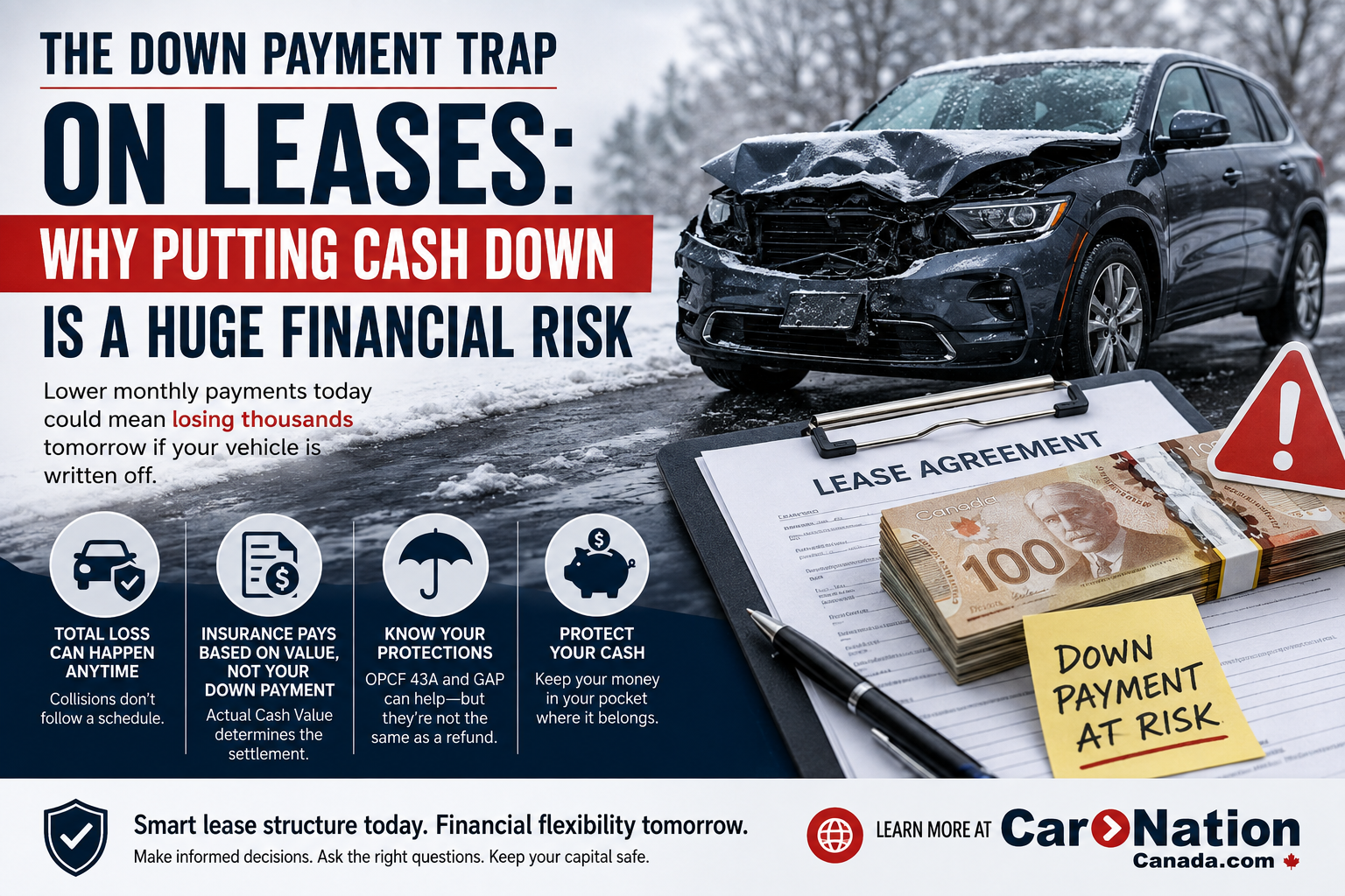 Down Payment on a Car Lease in Ontario: Why Putting Cash Down Can Be a Huge Financial Risk Putting thousands of dollars down on a car lease can lower your monthly payment, but it may also put your cash at risk if the vehicle is written off early in the lease. Putting a large cash down payment on a vehicle lease can feel financially responsible. You hand over $3,000, $5,000 or even more, your monthly payment drops, and the lease suddenly looks easier to fit into the household budget.
