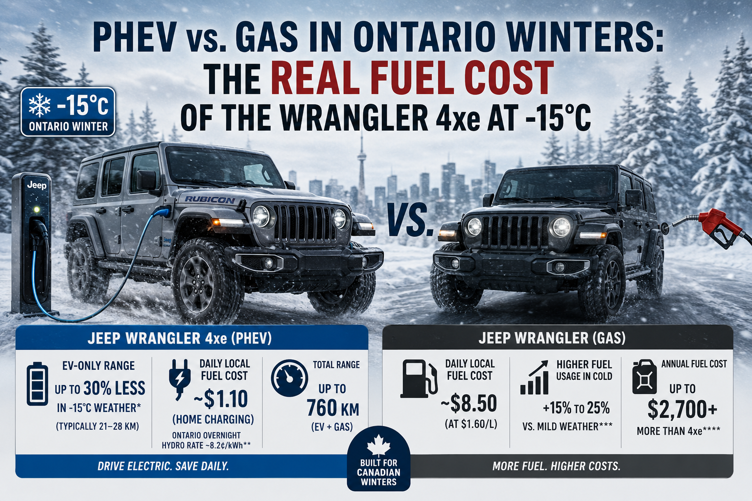 Does a Jeep Wrangler 4xe still save money when an Ontario cold snap cuts electric range? The answer depends less on headline EV range and more on how far you drive, when you charge, and how often the gasoline engine actually needs to run. Ontario drivers hear the same criticism every winter: plug-in hybrids are great in September, but once the temperature drops to -15°C, the battery range disappears and you might as well have bought a gasoline SUV. There is some truth behind the concern. Batteries are less efficient in extreme cold, cabin heating consumes energy, winter tires increase rolling resistance, and snowy roads demand more power. But that does not automatically make a plug-in hybrid such as the Wrangler 4xe more expensive to operate than a gas-only Wrangler.
