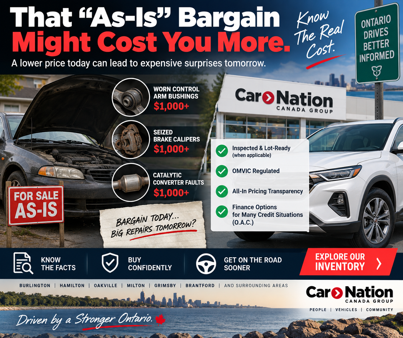 An “as-is” private-marketplace bargain can look thousands cheaper upfront, but worn suspension, brake, exhaust, and other repair needs can quickly erase the savings. Here’s how Ontario safety standards and OMVIC dealer protections change the money math. Buying an as-is car in Ontario can be tempting, especially when a private listing is priced $2,000, $3,000, or even $5,000 below seemingly similar used vehicles. For a payment-focused commuter, a family trying to stretch its budget, a newcomer building credit, or someone working through a fresh financial start, that lower purchase price can feel like the responsible choice. But the number in the marketplace ad is only the beginning. If the vehicle still needs suspension work, brakes, exhaust repairs, tires, or other fixes before it can be safely put on the road, the real cost can be much higher.