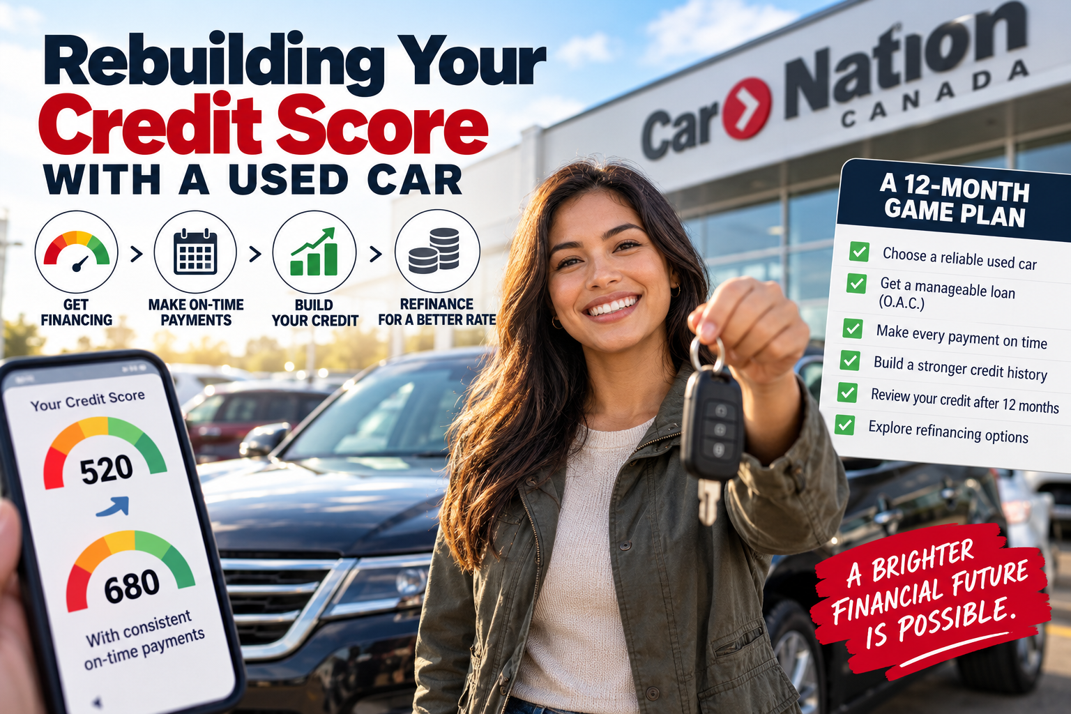 Rebuilding Credit With a Used Car in Ontario: A Practical 12-Month Game Plan

Rebuilding credit with a used car can work when the vehicle, payment, loan structure, and repayment plan all fit your real-world budget.

If your credit score has taken a hit after missed payments, a consumer proposal, bankruptcy, job disruption, divorce, unexpected expenses, or simply a difficult financial stretch, getting another vehicle can feel intimidating.

For Ontario drivers who genuinely need a car to get to work, take children to school, or handle everyday responsibilities, the objective should not be to borrow as much as a lender will approve. The better strategy is to find a dependable used vehicle with a payment you can consistently manage while using the next year to build a stronger credit history.

That is where rebuilding credit with a used car can become part of a larger financial comeback plan. Financing is never guaranteed, and a car loan by itself cannot guarantee that your credit score will increase. But responsible credit management and consistently paying obligations on time can contribute to a healthier credit history over time. TransUnion Canada specifically identifies punctual payments as an important part of improving credit health.