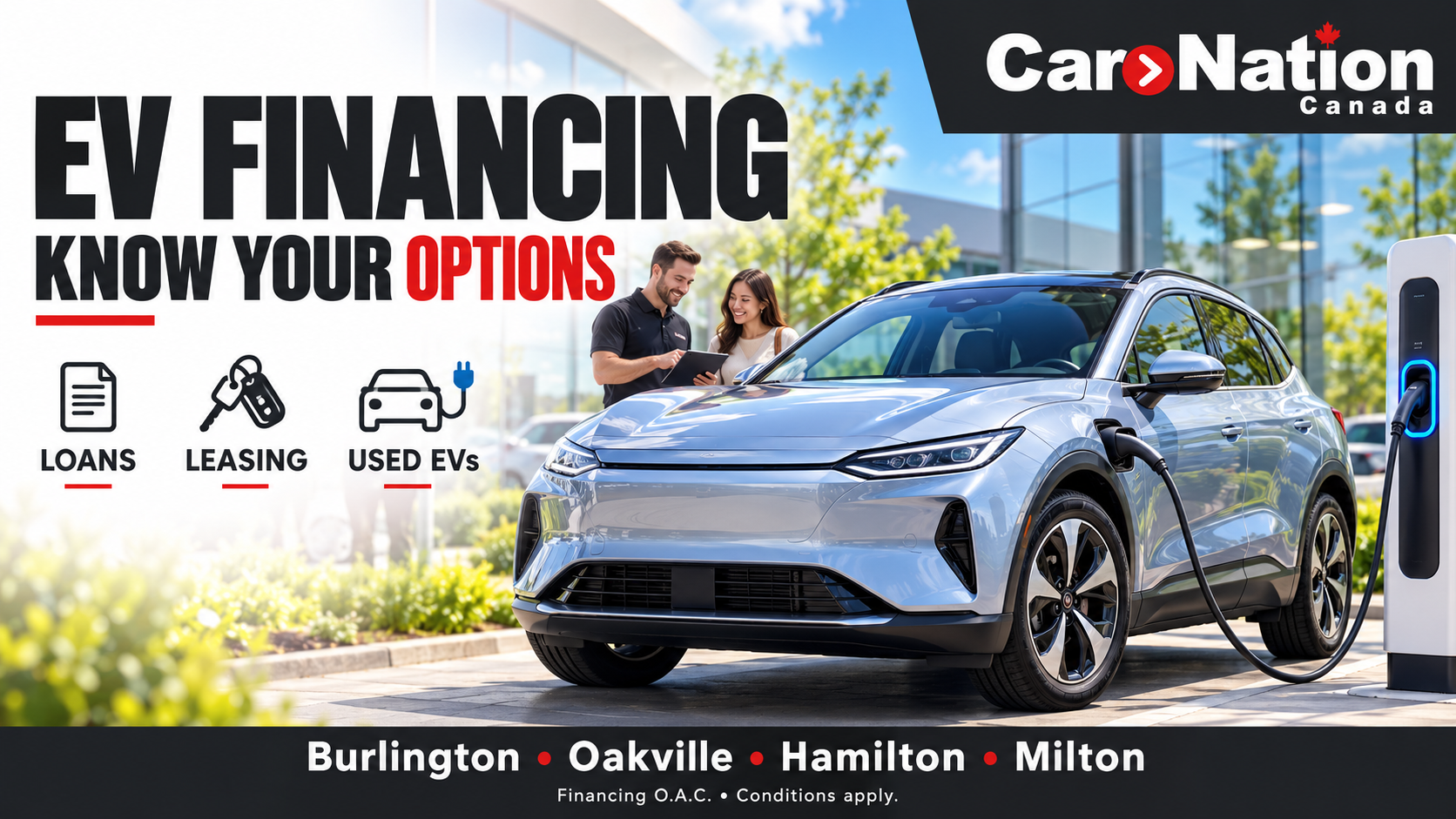 Compare EV loans, leasing, used EV financing, credit options and Canadian incentives to find a payment plan that fits your budget. Your main EV financing options are a dealership-arranged loan, a bank or credit union loan, and a lease. Depending on your circumstances, you can also explore green vehicle lending programs, personal credit, business financing or a combination of savings and borrowing. Canada.ca For drivers in Burlington, Oakville, Hamilton and Milton, the right choice starts with how much you can comfortably spend and how long you expect to keep the vehicle. Whether you are considering an electric SUV, sedan, pickup truck or plug-in hybrid minivan, compare the complete deal: purchase price, borrowing costs, charging expenses and any amount still owing when you want to change vehicles.
