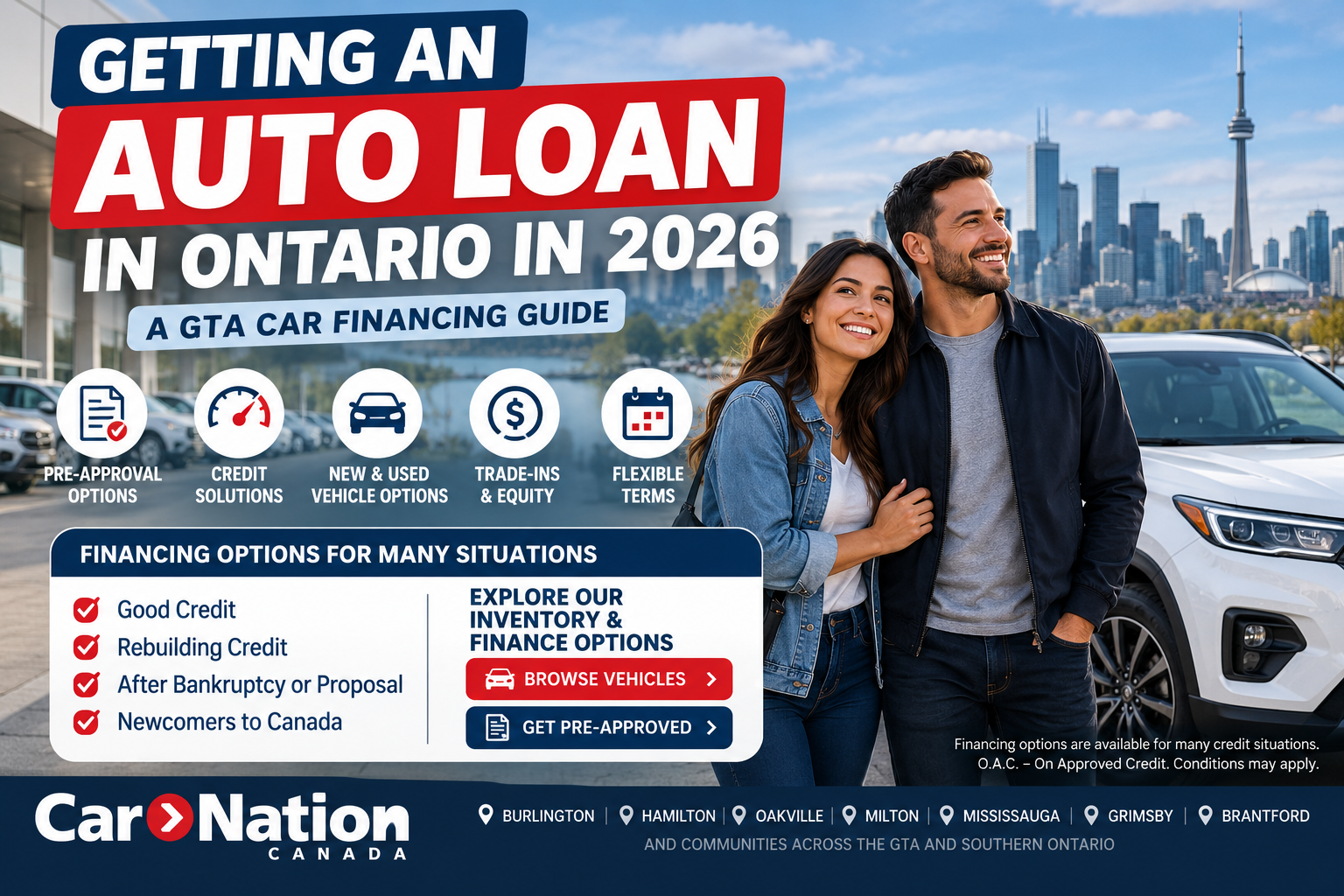 Getting an Auto Loan in Ontario in 2026: A GTA Car Financing Guide
Looking for an auto loan in Ontario in 2026? This guide explains pre-approval, credit, loan terms, total borrowing costs, trade-ins and financing options for GTA drivers.
Getting an auto loan in Ontario in 2026 is about more than finding a vehicle and asking what the bi-weekly payment will be. Your credit profile, income, existing debts, down payment, trade-in, vehicle choice and loan term can all affect the financing options available to you.
For drivers across the GTA and Southern Ontario—from Burlington and Hamilton to Oakville, Milton and Mississauga—understanding the numbers before you apply can make the buying process much easier.