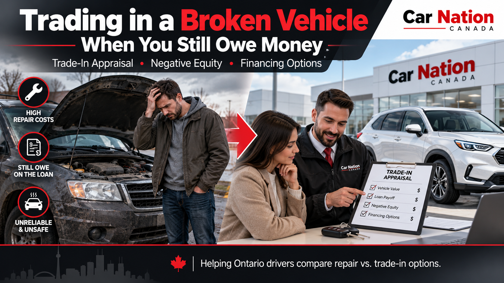 Learn how trading in a broken vehicle with an outstanding loan works in Ontario, including appraisals, lien payouts, negative equity and warranty checks. A $4,000 transmission estimate is stressful enough. When you still owe $8,000 on the vehicle, it can feel as though every option comes with another bill. If you depend on your vehicle for work in Burlington or school runs in Hamilton, waiting indefinitely for a solution is difficult. Trading in a broken vehicle when you still owe money may be possible, provided the dealer accepts its condition and the existing loan is properly settled. The decision starts with three figures: the repair cost, the lender’s current payout amount and the vehicle’s value in its present condition. Understanding how they fit together helps you compare repairing your current ride with moving into a replacement.