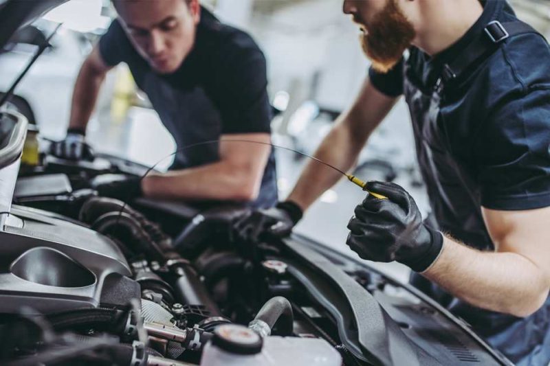 Two mechanics checking under the hood of the car