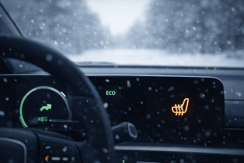 Electric vehicle interior in winter showing heated seat indicator, eco driving mode, and regenerative braking to maximize EV range in Winnipeg cold weather