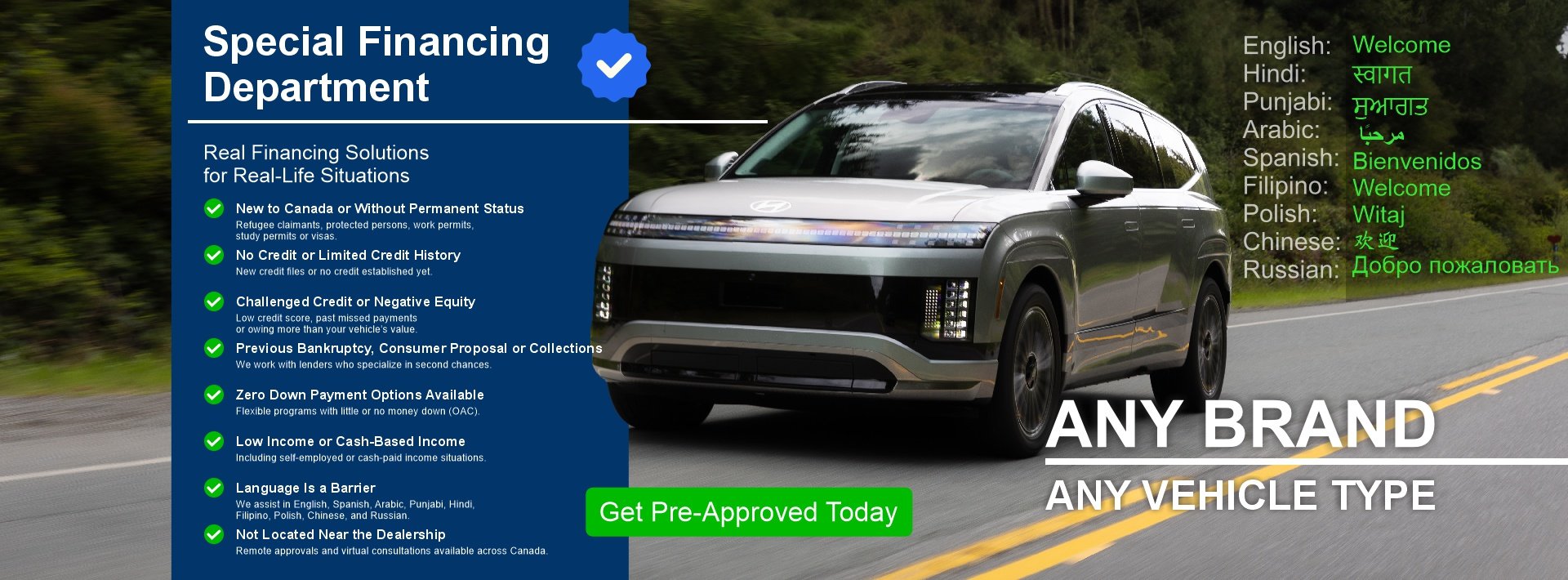 Special auto financing and flexible vehicle purchase options in Mississauga and the GTA, including newcomer and first-time buyer programs.